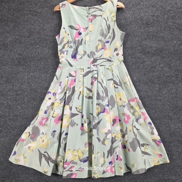 H&M Dress Womens 12 Green Floral Fit & Flare Pleated Lined Sleeveless Back Zip - Picture 6 of 11